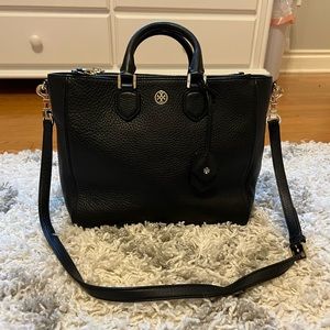Tory Burch Robinson Black Pebbled Leather Double Zip Tote Purse - EUC
